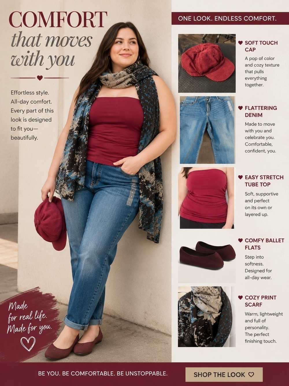 Sale: Shop The Looks:Lane Bryant Tube Top with Jeans Look , Maroon Ballet Flats
